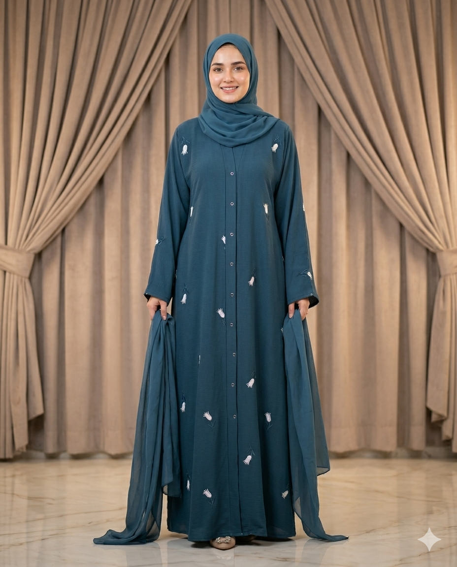 Floral Embroidered Abaya with Matching Stole