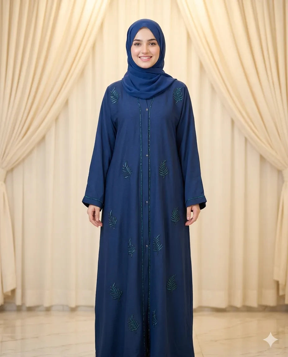 Navy Leaf Embroidered Abaya