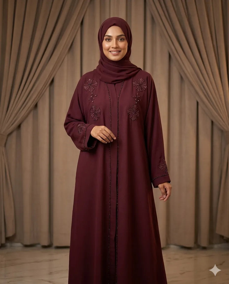 Wine Red Abaya with Embroidery